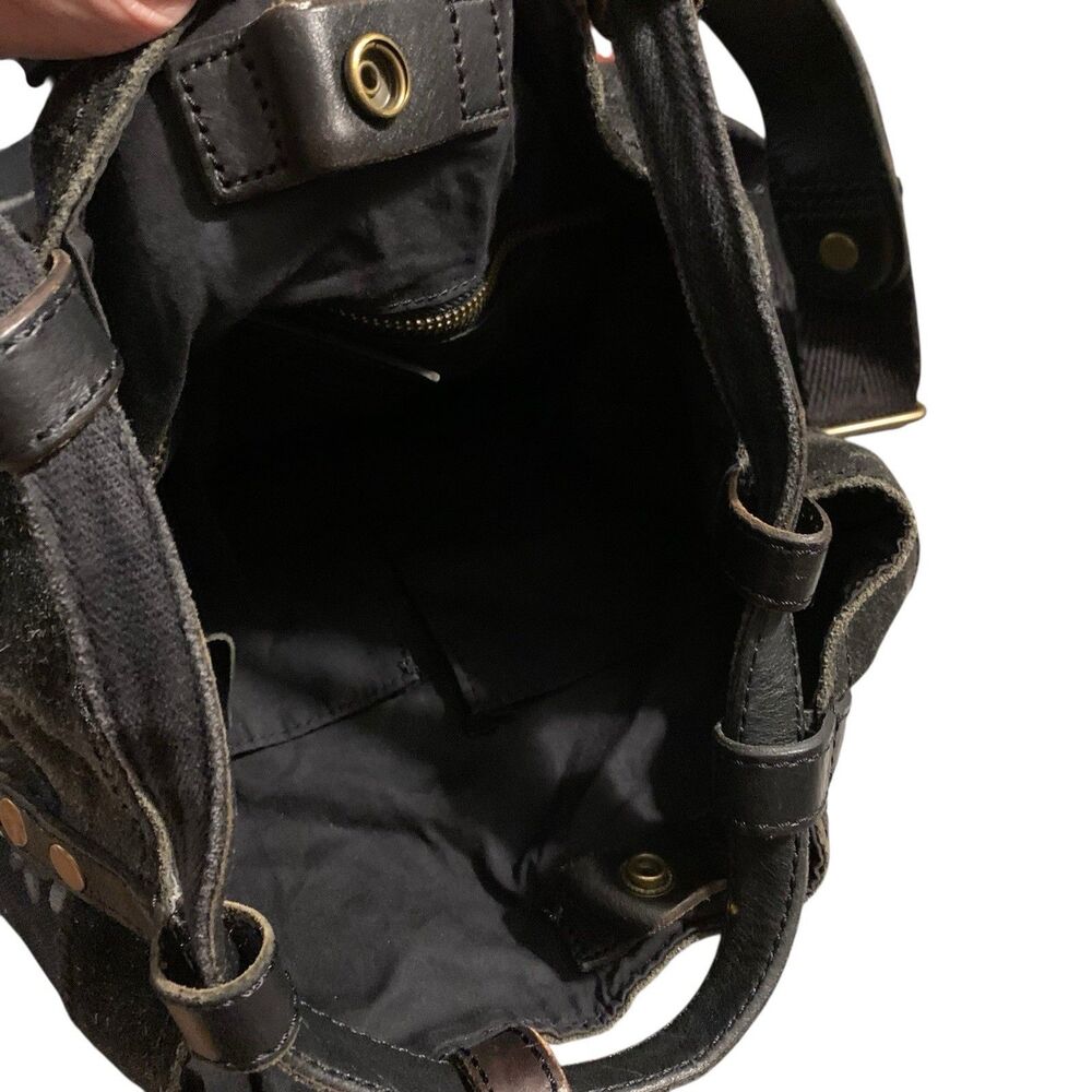 VTG Lucky Brand Leather Canvas Backpack Bag Floral Black Red Y2K Boho Drawstring - Picture 8 of 16